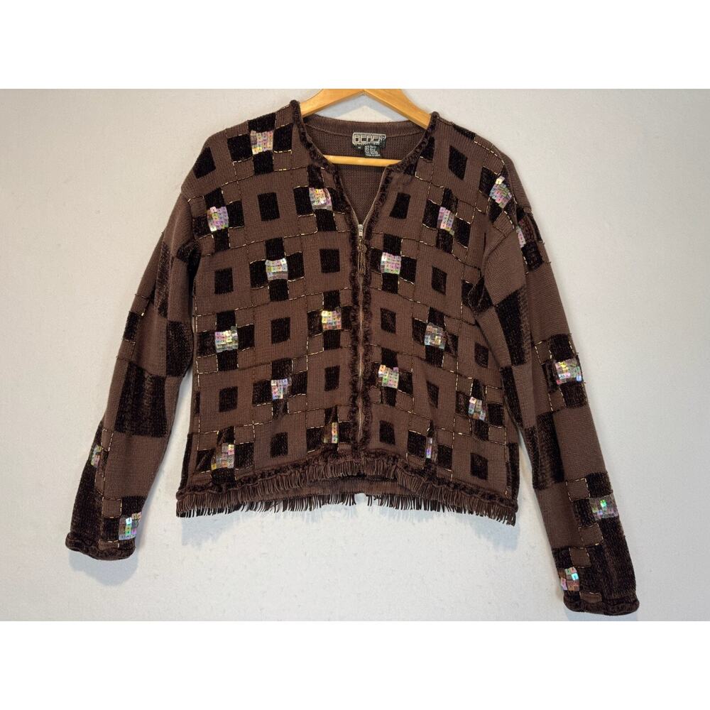 Berek Brown Cardigan Sweater Color Block Fringe Sequin Zip Front Geometric M